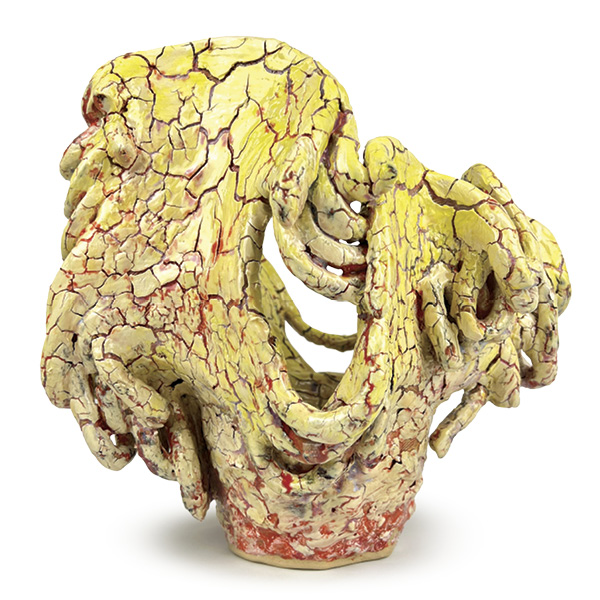 1 Addison Wolff’s dino acid trip, 16 in. (40.6 cm) in width, coiled and handbuilt stoneware, porcelain slip, glaze, fired to cone 5, 2024. Courtesy of the artist and Baker-Hall.