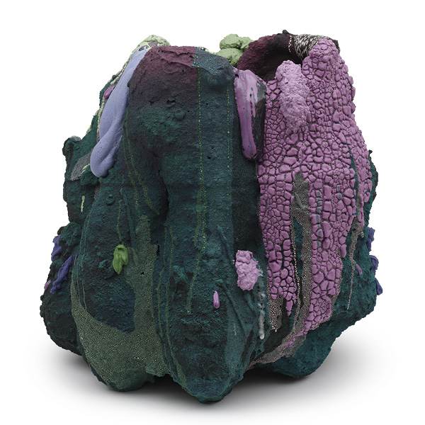 1 Brian Rochefort’s Lichen Code, 22 in. (55.9 cm) in height, ceramic, glaze, glass fragments, 2025. Photo: Marten Elder. Courtesy of the artist and Massimo De Carlo Gallery.