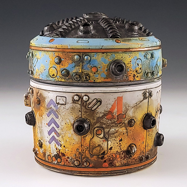 1 Mike Cinelli’s canister, 5½ in. (14 cm) in height, wheel-thrown earthenware, terra sigillata, underglaze, glaze, 2025. Photo: Companion Gallery.