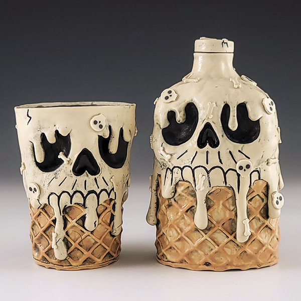 1 Ashley Bevington’s Skull Ice Cream Cup and Flask, to 6¾ in. (17.2 cm) in height, stoneware, glaze, fired to cone 6, cork, epoxy, 2025. Photo: Companion Gallery.