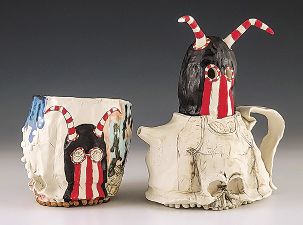 1 Zach Tate’s Waylon’s Disapproval Cup and Baldknobber Teapot, to 7¼ in. (18.4 cm) in height, porcelain, glaze, underglaze, 2025. Photo: Companion Gallery.