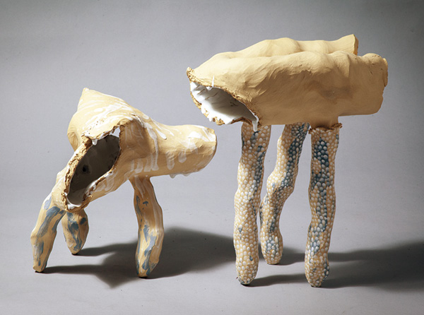 2 Nao Matsunaga’s Good Plan gone Bad (left) and Bad Plan gone Good (right), to 16½ in. (42 cm) in height, earthenware, slip, glaze, 2014. Copyright Nao Matsunaga/The Anthony Shaw Collection/York Museums Trust.
