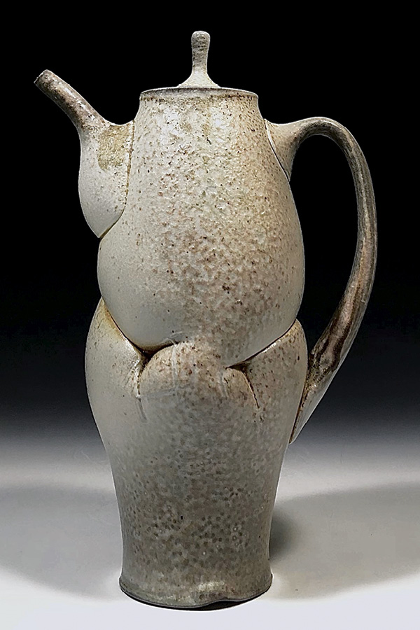 1 Ben Eberle's Coffee pot, 12 in. (30.5 cm) in height, wheel-thrown, embossed, and stretched B-Mix clay, fired to cone 11 in a wood-soda kiln, 2022.