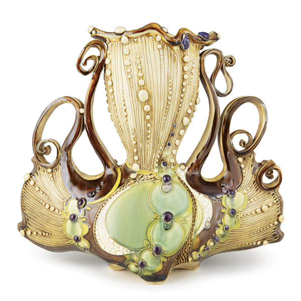 4 Carol Long's Caterpillar Vase, 11 in. (27.9 cm) in height, wheel-thrown, altered, textured, and slip-trailed B-Mix Cone 5 clay, stain, glaze, fired in oxidation to cone 5, 2024.