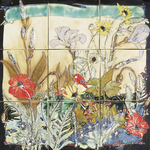 2 Carol Long’s Sunflower, Poppy, Iris, Pansy, Strawberry Mural, 6 in. (15.2 cm) in width (each tile), slab-rolled Laguna B-Mix Cone 5 clay, slip trailed, stain, glaze, fired in oxidation to cone 5, 2017.