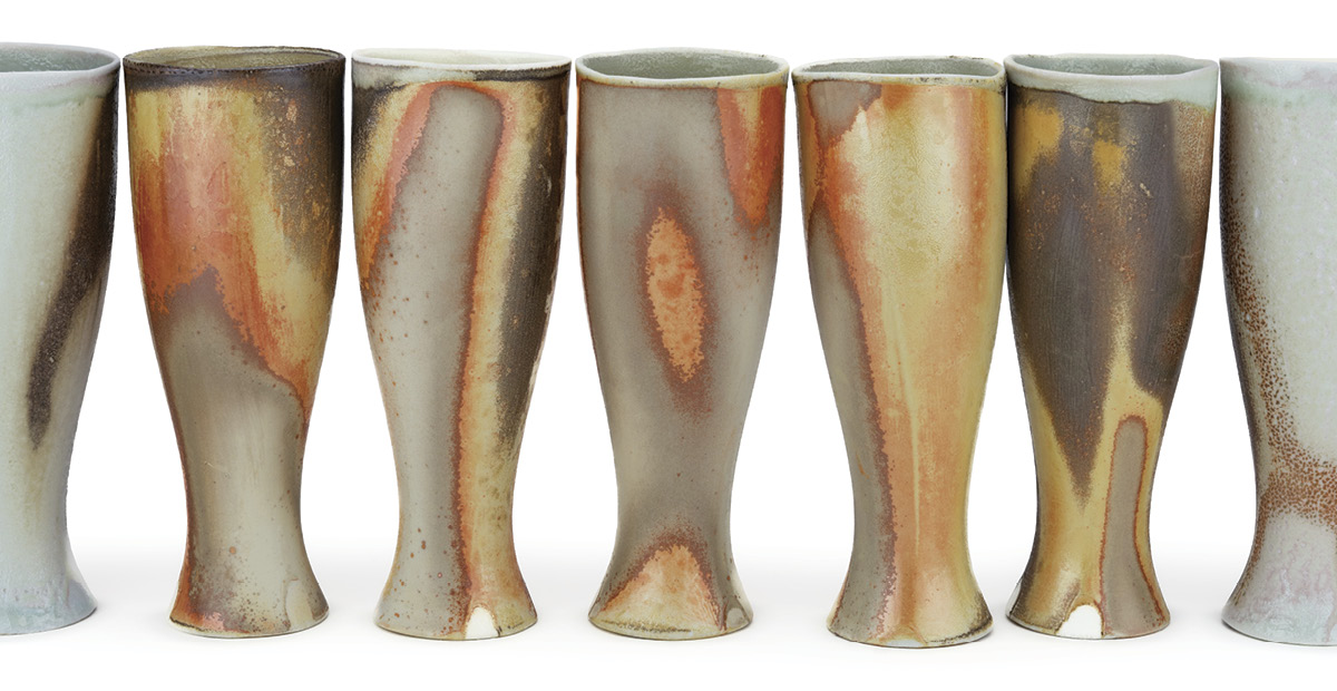 Johnny Arvizu’s iced tea tumblers, 8 in. (20 cm) in height, Jackie Head’s casting clay body, flashing slip, soda fired to cone 10, reduction cooled.