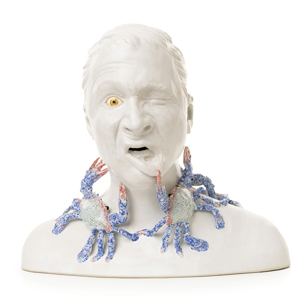 4 Luke Huling’s Molted Mindset II, 15 in. (38 cm) in height, stoneware, glaze, underglaze, fired to cone 6, 2023.