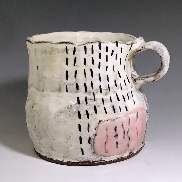 3 Franchesca Lopez-Borges’ Patch Mug, 3¼ in. (8 cm) in height, red-earthenware clay, bisque slip, underglaze, glaze, fired to cone 6 in oxidation, 2023.
