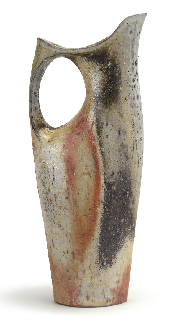 Water pitcher, 14 in. (36 cm) in height, test clay body, slip, fired to cone 10 in an oxidized area of a soda kiln, reduction cooled.