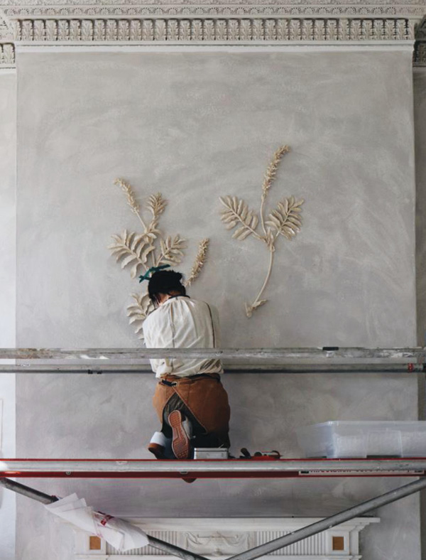7 Tatebayashi installing Melianthus Major (Honeybush) at Tristan Hoare Gallery, London, 2020.