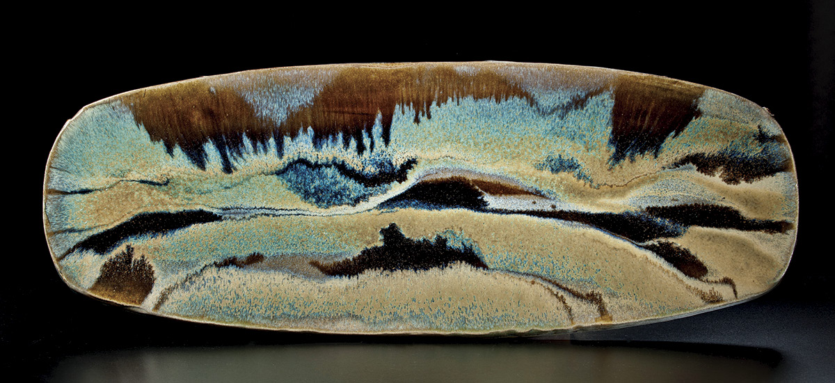 1 Landscape Slab, 34 in. (86 cm) in width, stoneware, corn-stalk ash glazes with and without copper, creek-clay glaze.