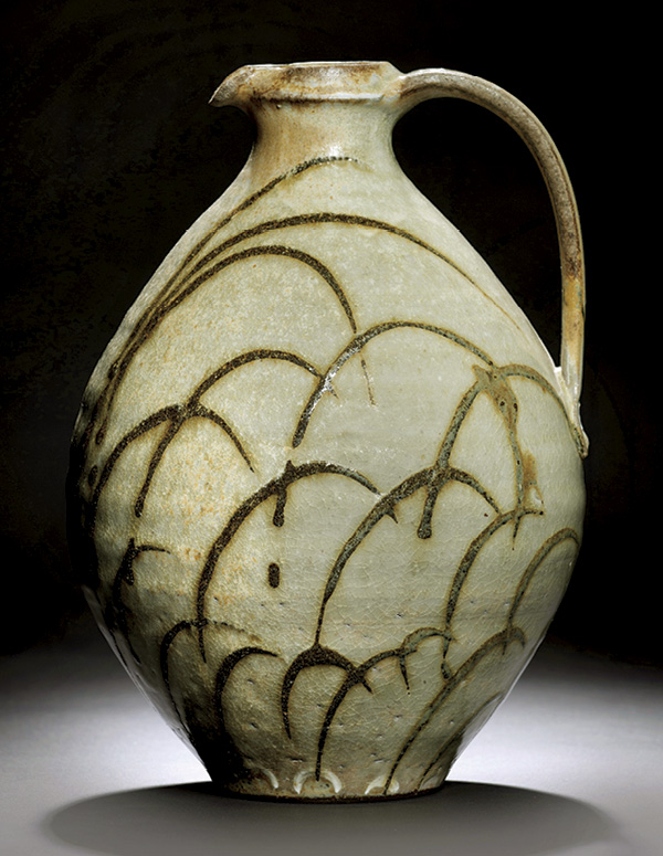 8 Grass Pattern Pitcher, 10 in. (25 cm) in height, stoneware, white slip, trailed creek slip, clear ash glaze.