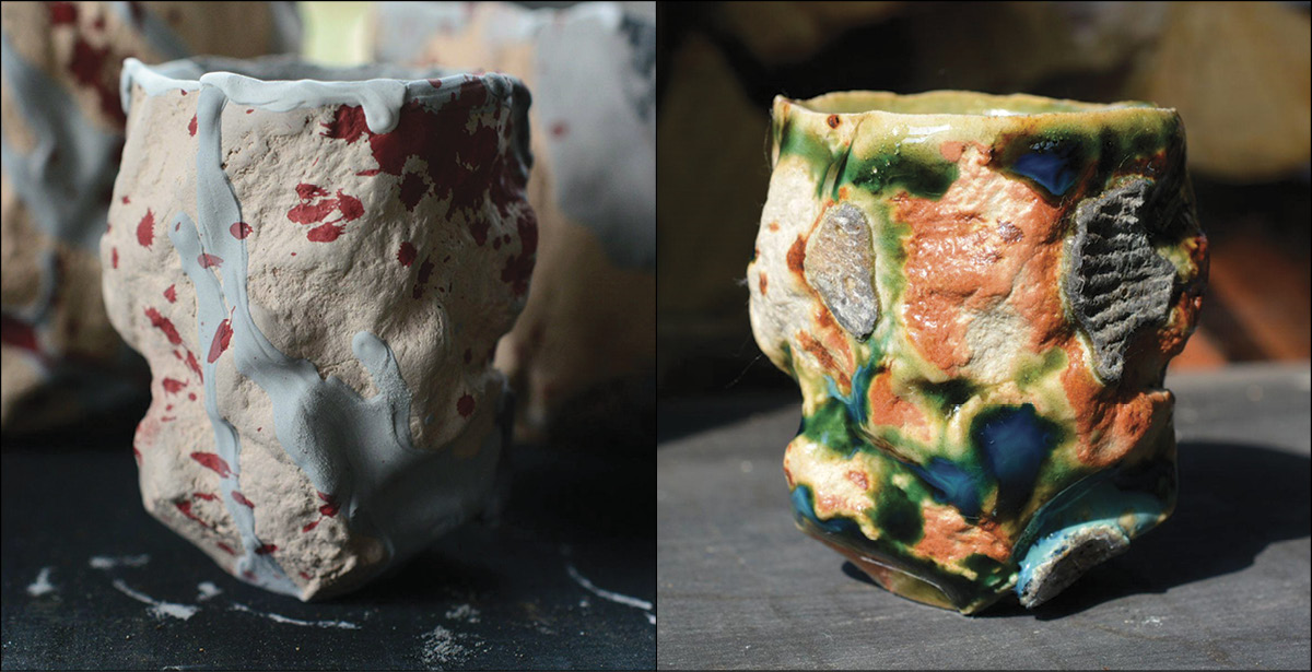 2 A yunomi fired in Oribe ware style with shells. Before and after firing (cone 10, oxidation) of the same yunomi.