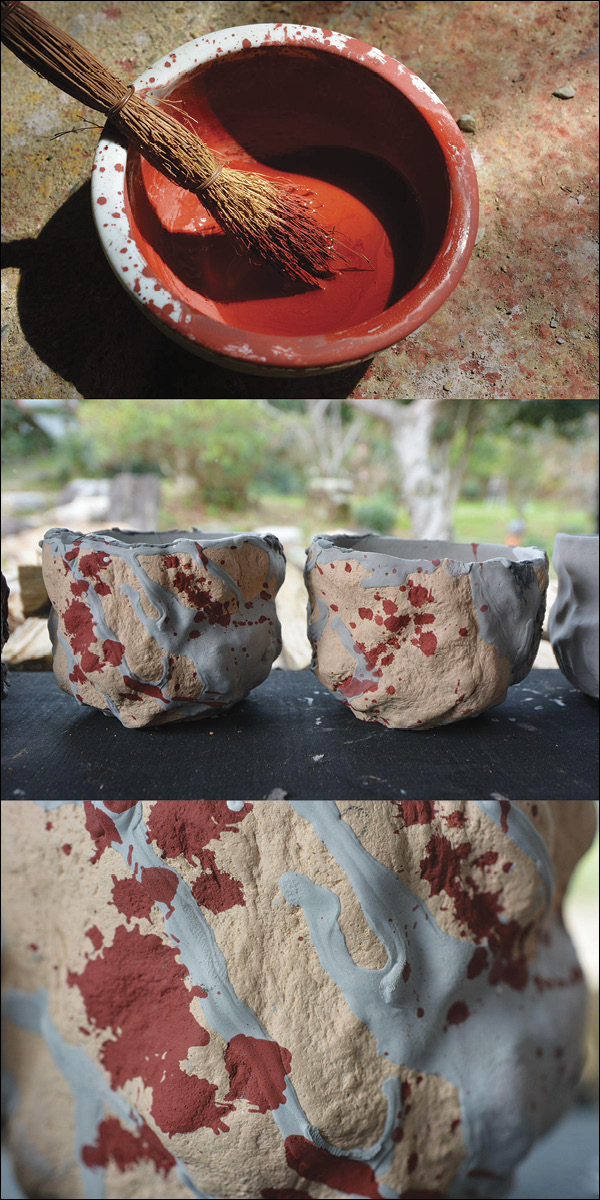 3 Iron-oxide slurry and splattering of vessels over glaze.