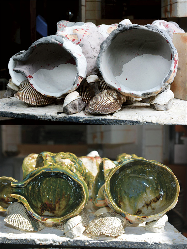 5 Before and after-firing images of Oribe ware pottery.