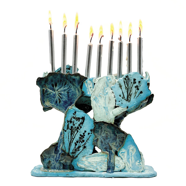 2 Anita Hettena’s Blue X, Menorah, 7 in. (17.8 cm) in height, Murrieta Red clay, terra sigillata, glaze, underglaze, fired in oxidation to cone 6, 2024.