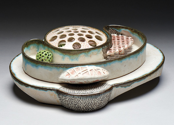 4 Andrea LeBlond’s Contagion Container #4, 12 in. (30.5 cm) in width, earthenware, 2024.