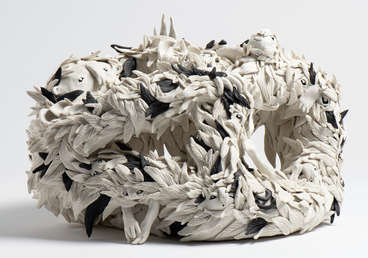 1 Untitled, 15¼ in. (39 cm) in width, Special and grogged porcelains, fired to 2300°F (1260°C) in an electric kiln, 2019.