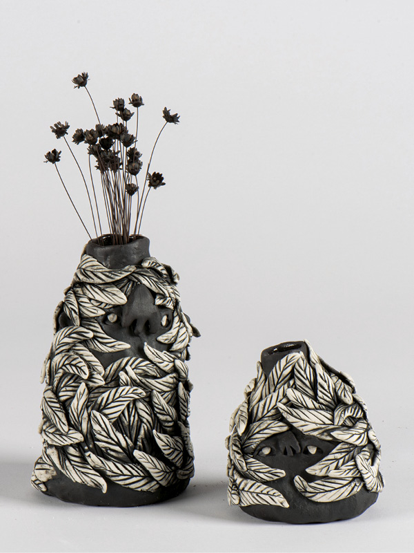 3 Black and white sculptural vases, Special porcelain, stain, fired to 2318°F (1270°C) in an electric kiln, 2023.