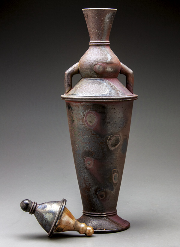 1 Seth Green’s Bottle with Rattling Stopper, 14 in. (36 cm) in height, stoneware Laterite Slip, fired to cone 10 in a wood kiln, reduction cooled, 2019.