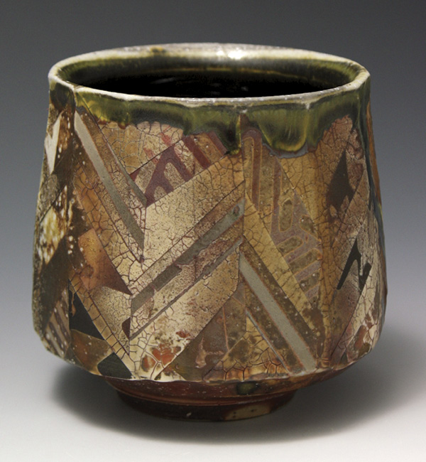 2 Chris Chaney’s Dazzle Yunomi, 3¾ in. (10 cm) in height, multiple thin layers of Thompson’s Flashing Slip brushed on, underglaze transfers, B-Mix, fired to cone 11 in a wood kiln, 2016.