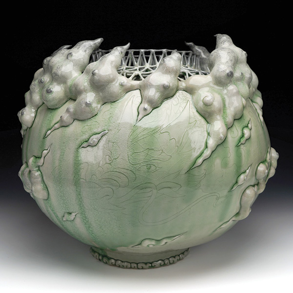 Rendering Moon Jar with Dragons, 15 in. (38.1 cm) in width, stoneware, glaze, fired to cone 10 in a soda kiln, 2024.