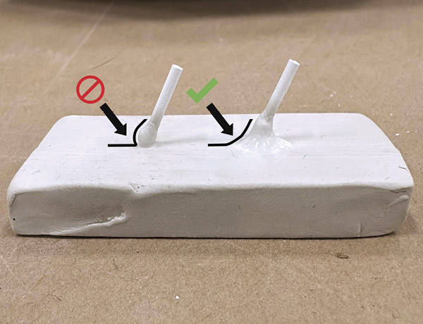 10 Example of a poor slip build up at an attachment (left) and one with a proper slip taper (right).