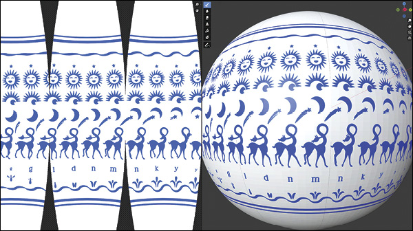 3 Digital mapping of animation frames onto the curved vessel surface, showing the flat design alongside its 3D projection.