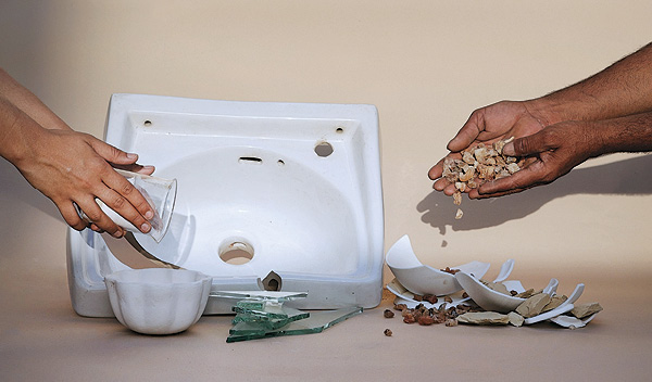 5 Waste glass, sourced from local art framing stores, is added following the path and recipe of the ancient Jaipur Blue Pottery tradition.