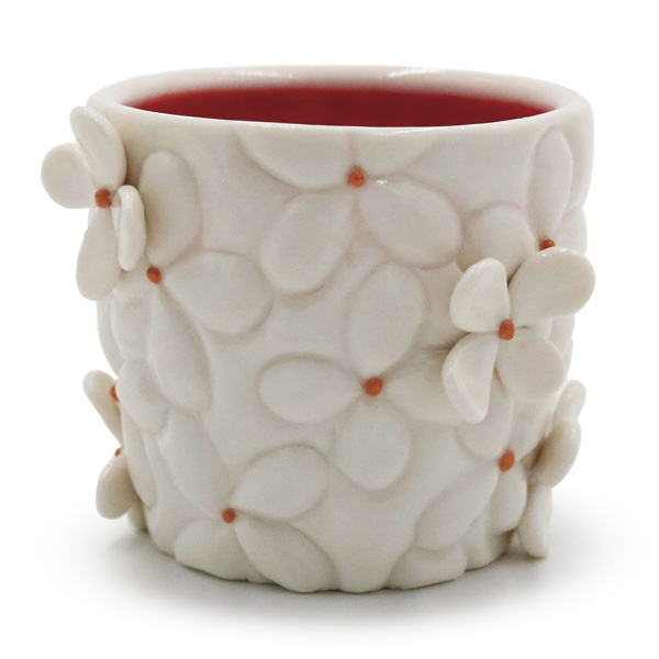 2 Erin Drake’s Floral Cup, 4 in. (10.2 cm) in diameter, porcelain, fired in oxidation to cone 6, 2025.