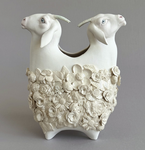 2 Lisa Hager’s Double Goat Vase, 10 in. (25.4 cm) in height, white earthenware, underglaze, copper wash, glaze, 2025.