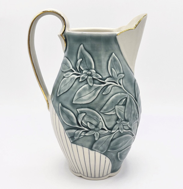 4 Alison Lowery’s Lemonade Pitcher, 9 in. (23 cm) in height, porcelain, slip, underglaze, glaze, gold luster, 2024.