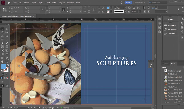 1 Catalog designer Tiffany A. Fairall’s Adobe InDesign view of the layout for the catalog’s Wall-Hanging Sculptures section break.