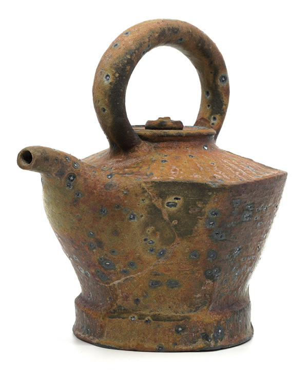Josh Scott's Kettle teapot, 8 in. (20.3 cm) in height, iron-rich stoneware, various high-iron slips, fired to cone 8-10 in a wood kiln, reduction cooled to around 1450°F (787.8°C).