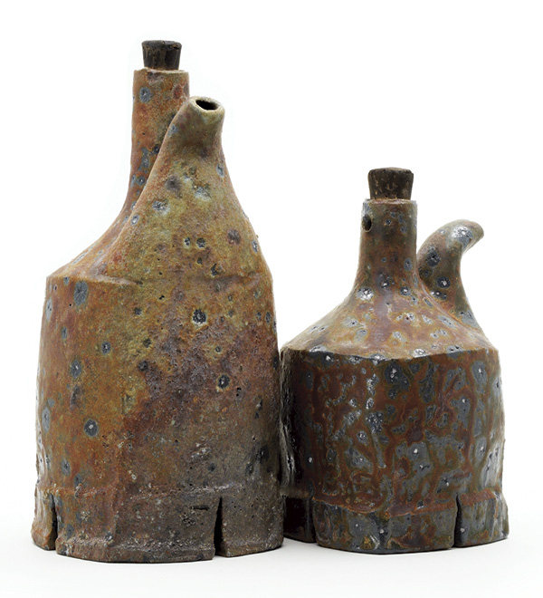 Josh Scott's Ewers, 5 in. (12.7 cm) in height, iron-rich stoneware, various high-iron slips, wood ash, fired to cone 8–10 in a wood kiln, reduction cooled to around 1450°F (787.8°C).