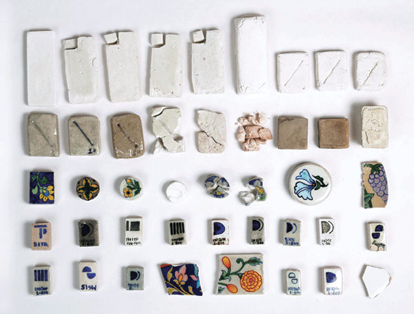 1 Through trial and error, Disharee Mathur found a way to incorporate pulverized sanitary ware into an existing recipe for single-fired Jaipur Blue Pottery.