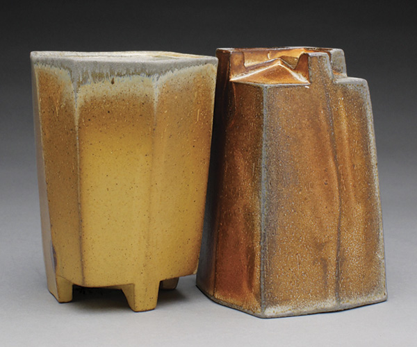 Yunomi, 5¼ in. (13 cm) in height (each), wheel-thrown, altered, and faceted stoneware, slip, glaze, fired to cone 9 in a soda kiln, 2023.