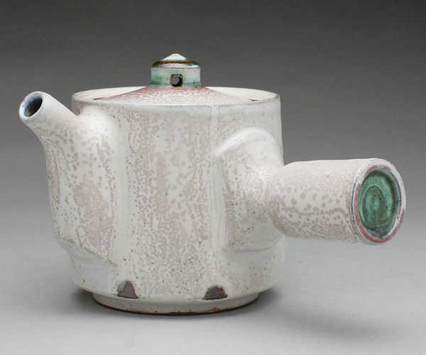 Side-handle teapot, 5½ in. (14 cm) in height, wheel-thrown and assembled stoneware, slip, glaze, fired to cone 9 in a soda kiln, 2023.