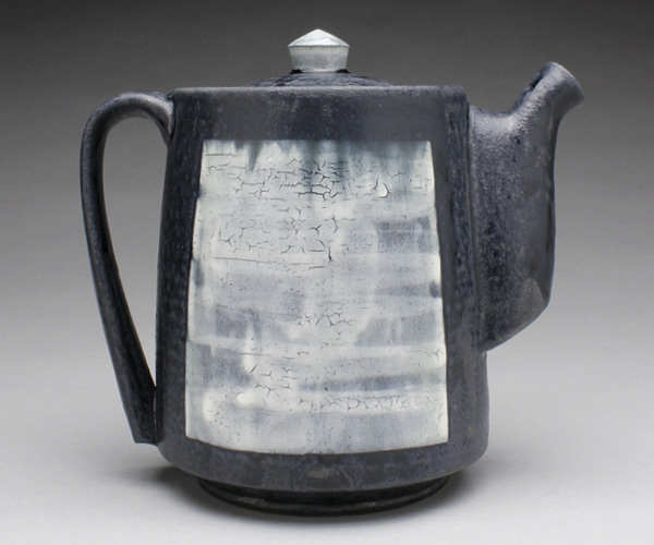 Teapot, 7 in. (18 cm) in height, wheel-thrown and assembled stoneware, pulled handle, slip, glaze, fired to cone 9 in an electric kiln, 2023.