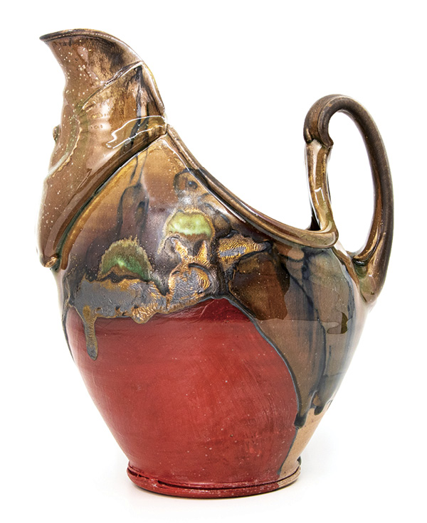 1 Josh DeWeese’s pitcher, 10½ in. (27 cm) in height, wheel-thrown and altered cone-10 porcelain, multiple glazes, wood fired. Photo: Silvia Palmer.
