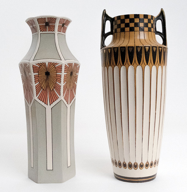 1 Villeroy and Boch’s Art Nouveau vase (left), hand-engraved, flowers, rust, white, 1899; Art Deco vase (right), white, gold, black. Collection of the American Museum of Ceramic Art; gift of Bob and Colette Wilson.
