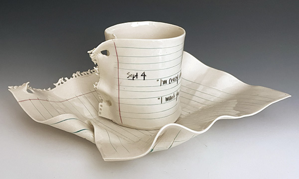 1 Betsy Morningstar’s Porcelain Paper Cup and Plate, 3½ in. (9 cm) in height, porcelain, fired to cone 6 in oxidation, 2023.