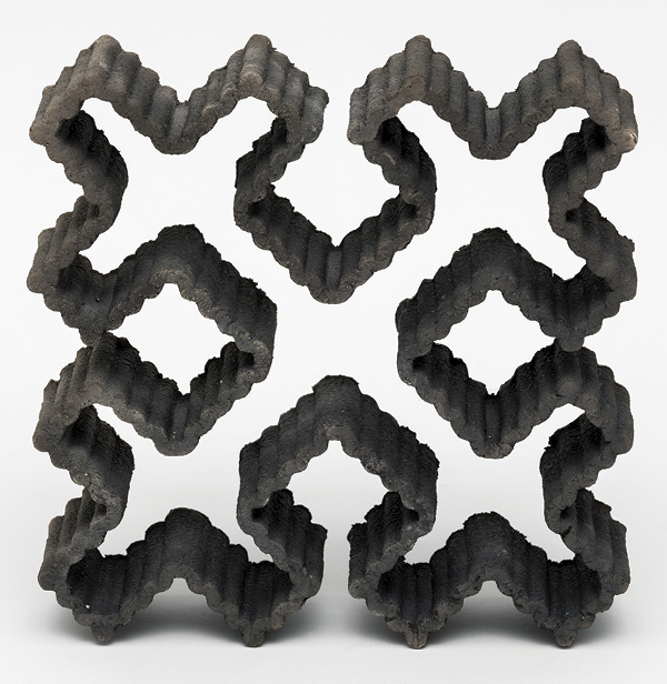 1 Sarah Rosalena’s Axis, smoked stoneware, 3D-printed ceramic, 2023. Photo: Ruben Diaz.