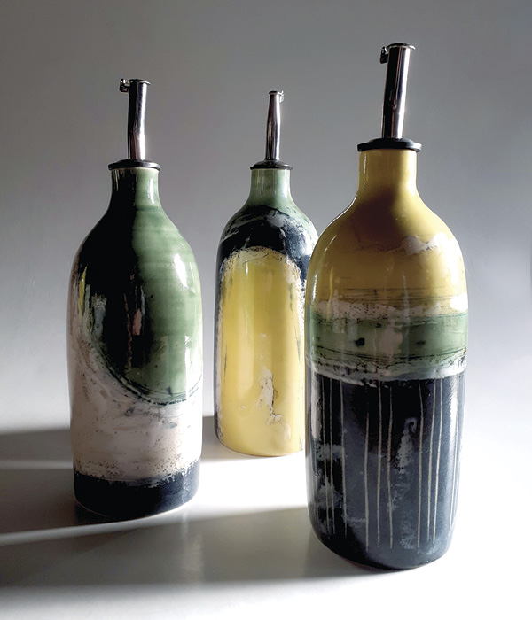 9 Landlines Oilpourers, 9½ in. (24 cm) in height, Scarva Earthstone ES5 stoneware clay, 2022.