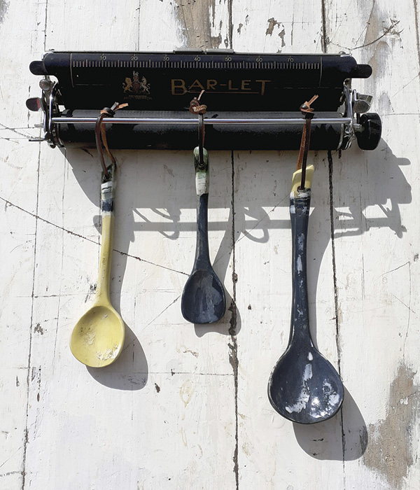 10 Landlines Trio of Spoons, 12 in. (31 cm) in length, Scarva Earthstone ES5 stoneware clay, housing made from 1920s typewriter, 2020.