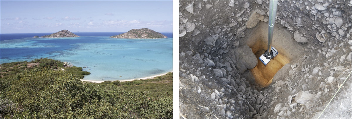 1 South Island Headland Midden. Left: View across excavation to Blue Lagoon and reef flat. Right: Terrestrial laser scanning of final sections in progress. Photo: Ulm et al., Quaternary Science Reviews (CC BY 4.0).