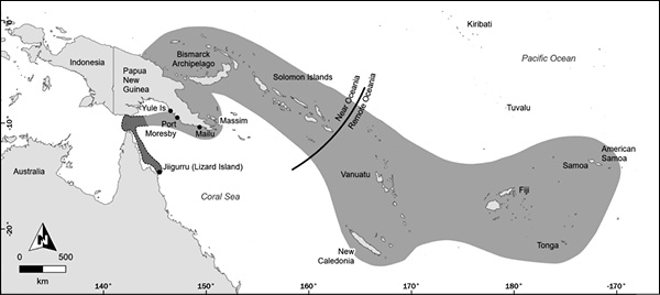 2 Map of known Lapita cultural area showing the location of Jiigurru. Dashed extension of the Lapita cultural area into Torres Strait and northeast Australia indicates possible Lapita distribution or influence.