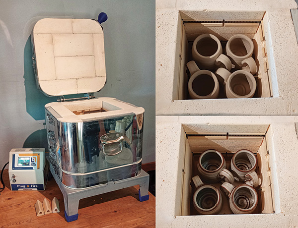 Clockwise from left: The L&L Plug-N-Fire kiln, a load of four mugs, and after a firing to cone 6. It fired and cooled in under one day on a standard 15-amp wall receptacle.