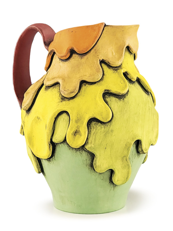 1 Candace Gooch-Ward’s Layered Pitcher, 6 3/4 in. (17.8 cm) in height, thrown and altered white stoneware, underglaze, glaze, fired to cone 6 in an electric kiln, 2024. Photo: Companion Gallery.