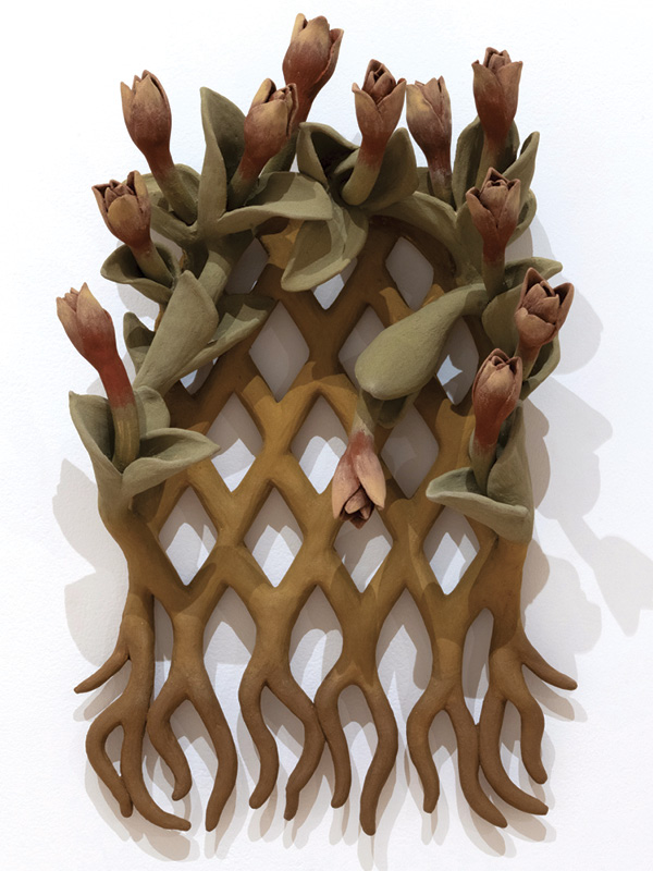 3 Nilou Kazemzadeh’s Tulips Never Die, 24 in. (61 cm) in height, wild clay, mineral and lake pigments, 2024.